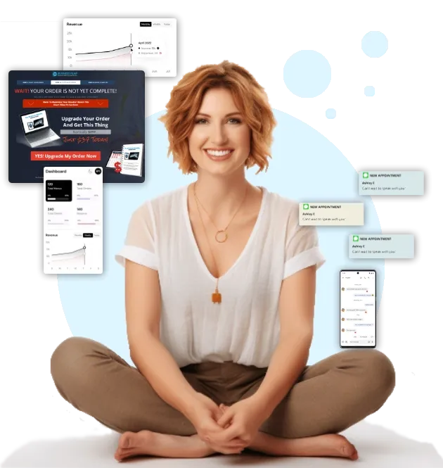 woman sitting in meditation sytle with her lead generation content around her