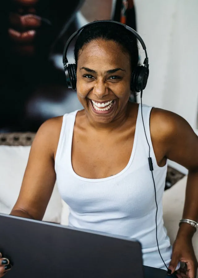 happy business woman wearing headset