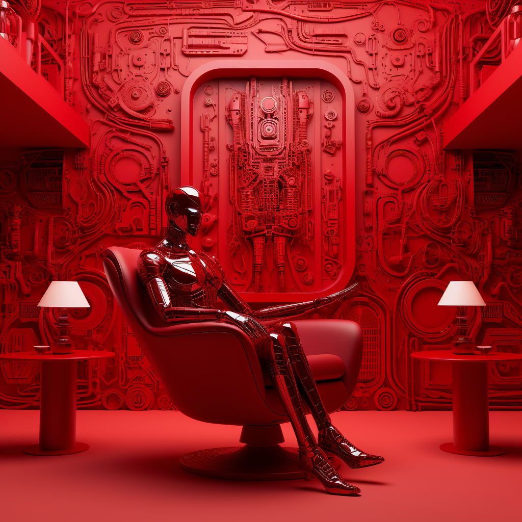 chatbot sitting in a lounge chair in a red room