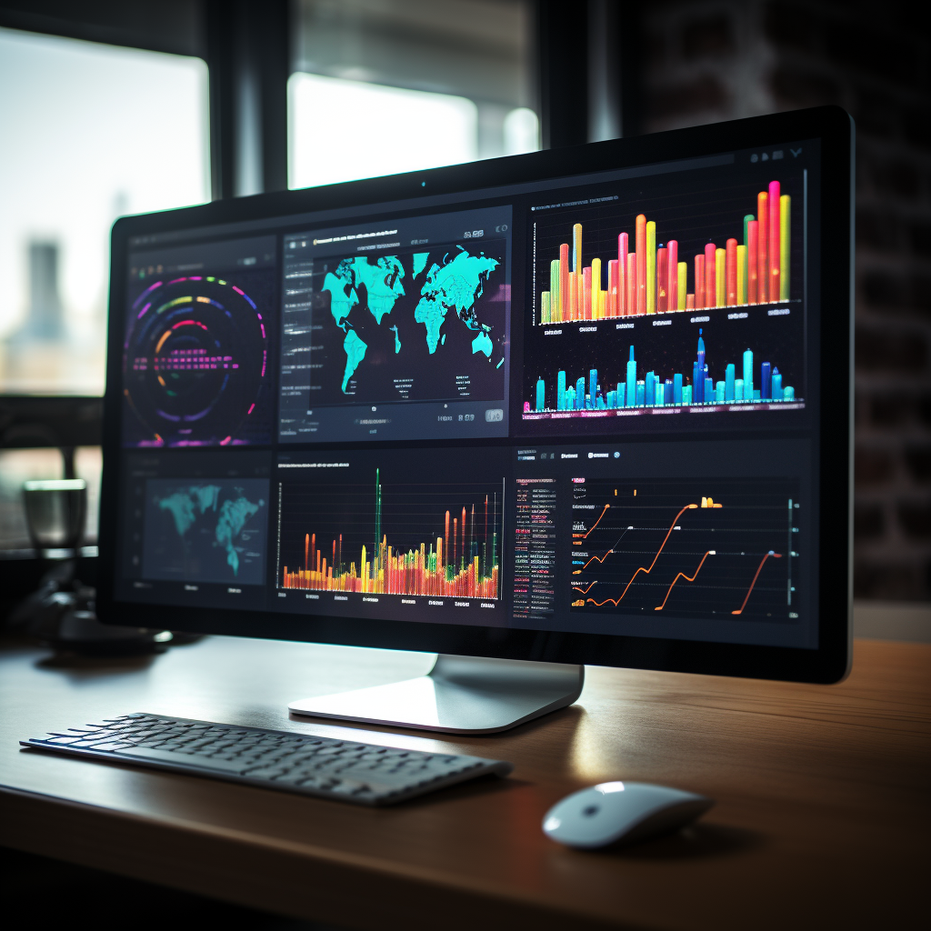 computer with analystics and charts on the screen