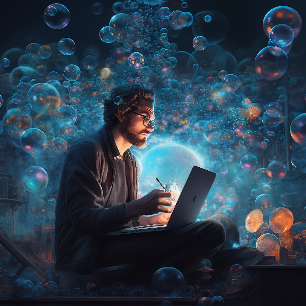 man sitting on floor with computer and popup bubbles over him