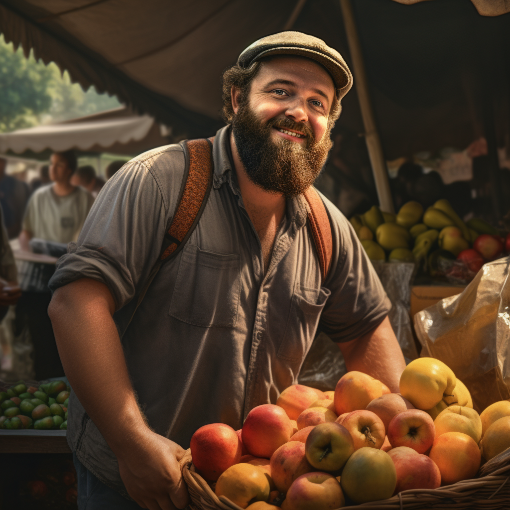 authentic man carrying a basket of apples