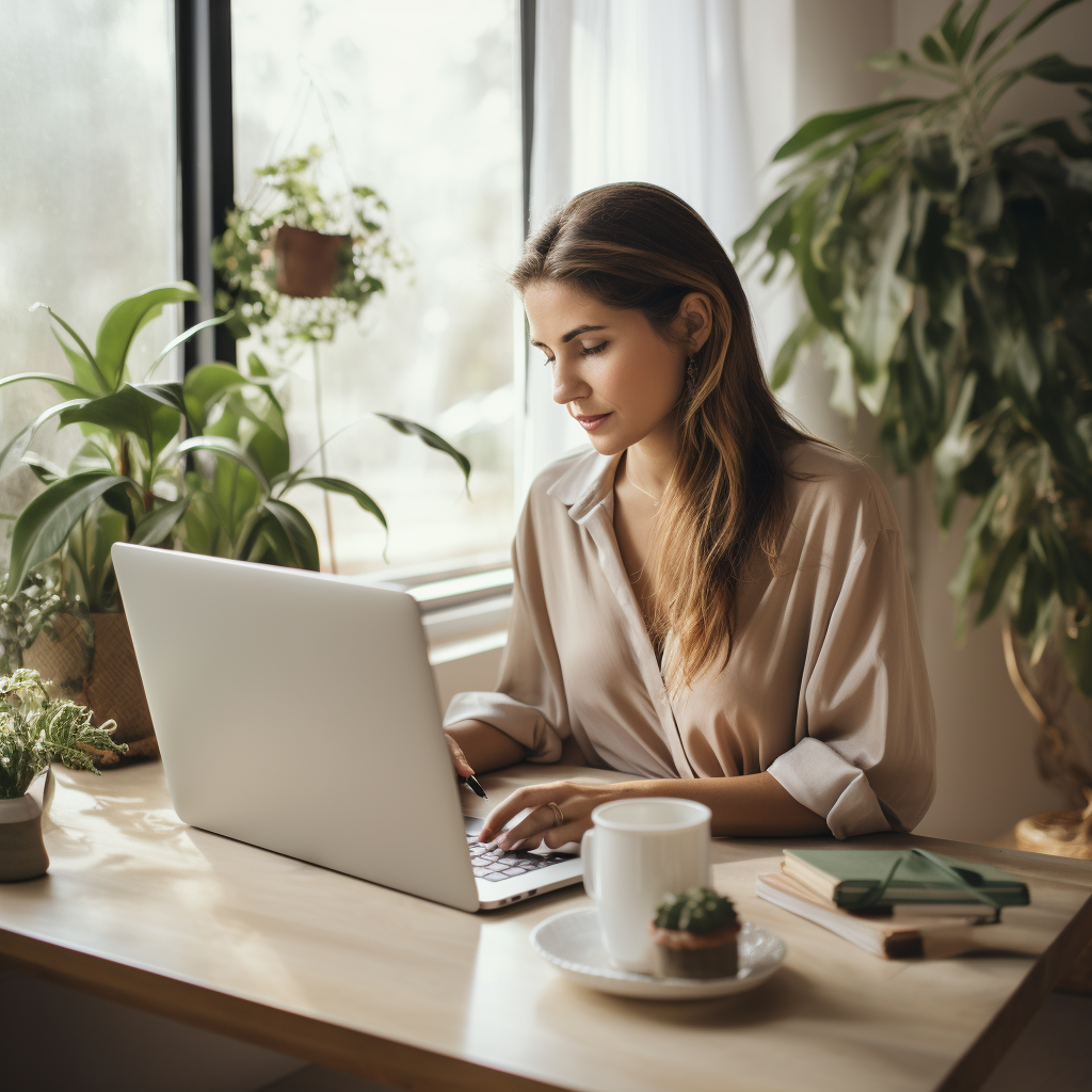 woman working at home office looking motivated