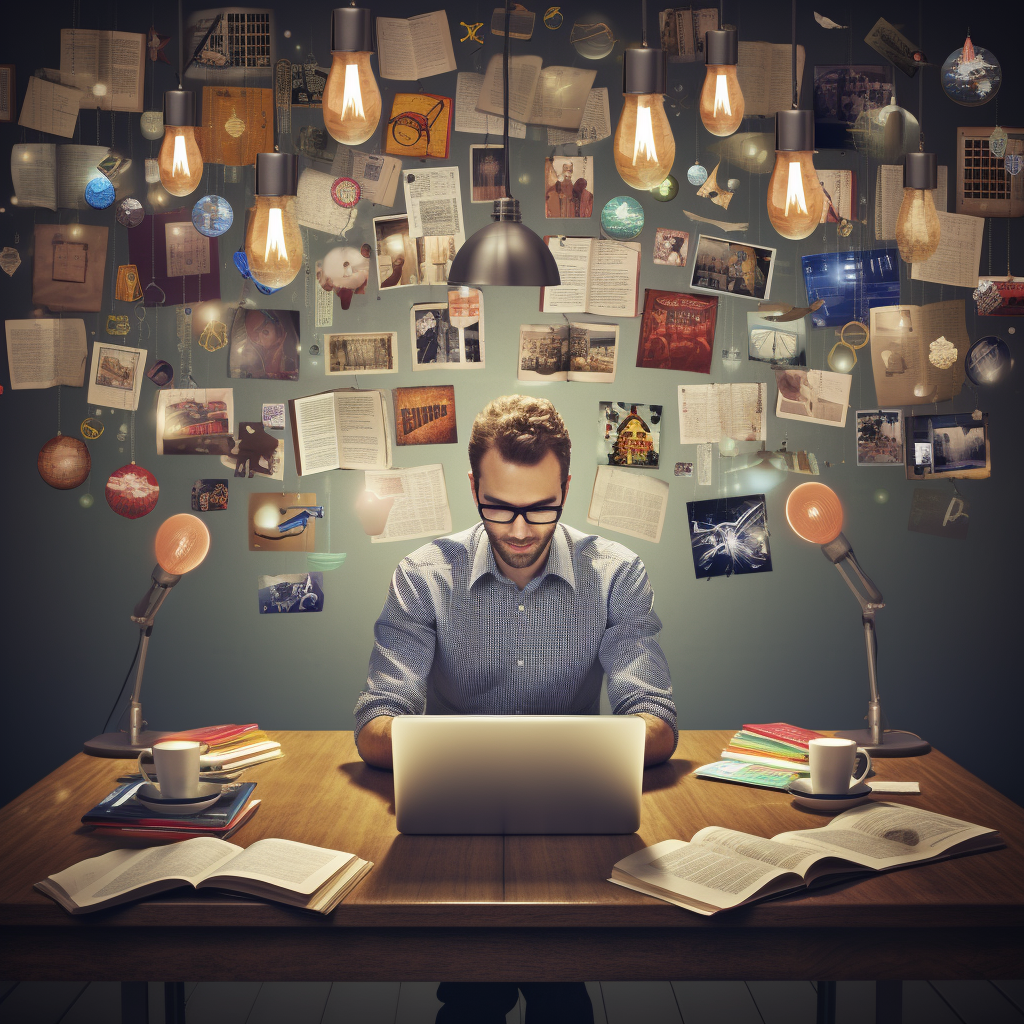 man working on desk with work everywhere and mastering content creation