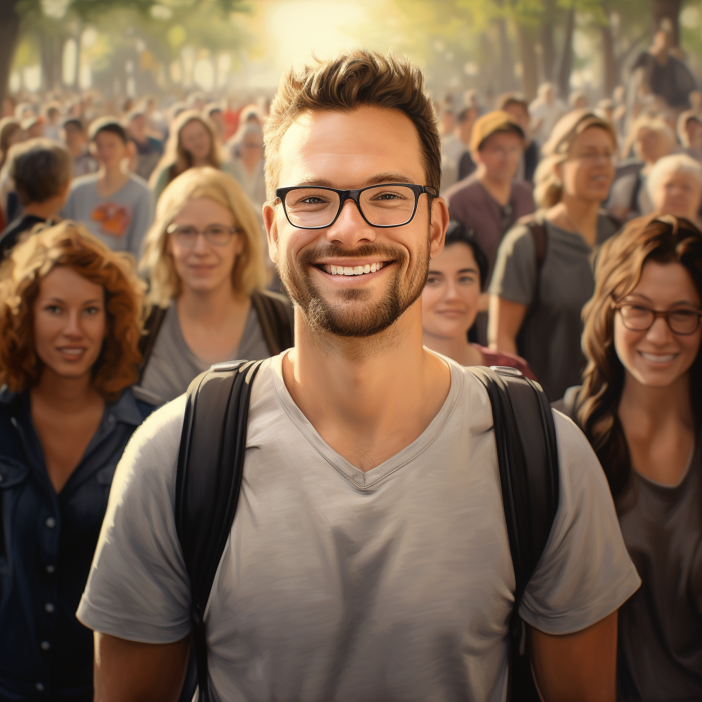 happy man in front of a crowd finding his focus