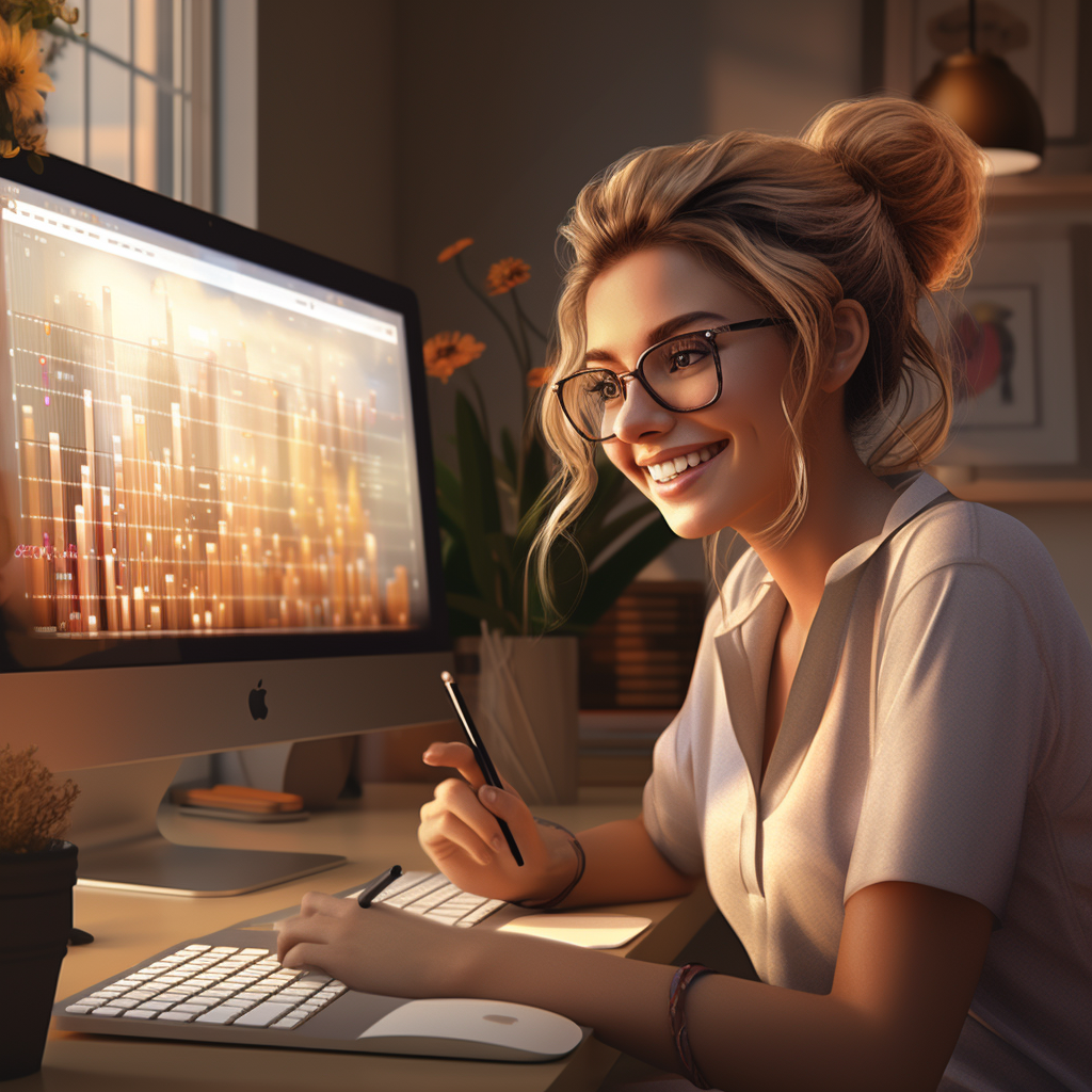 happy woman in front of computer