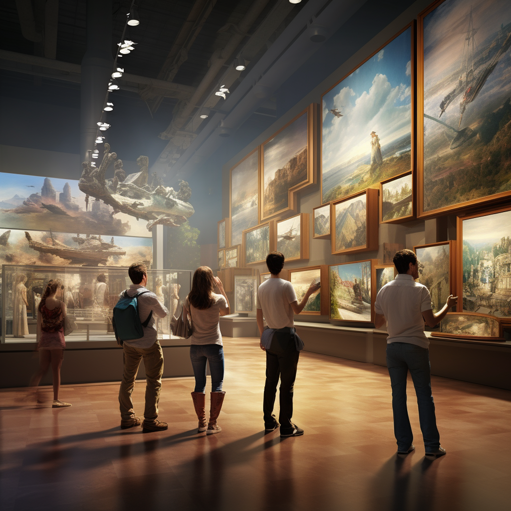 people in a museum looking at realistic ai images