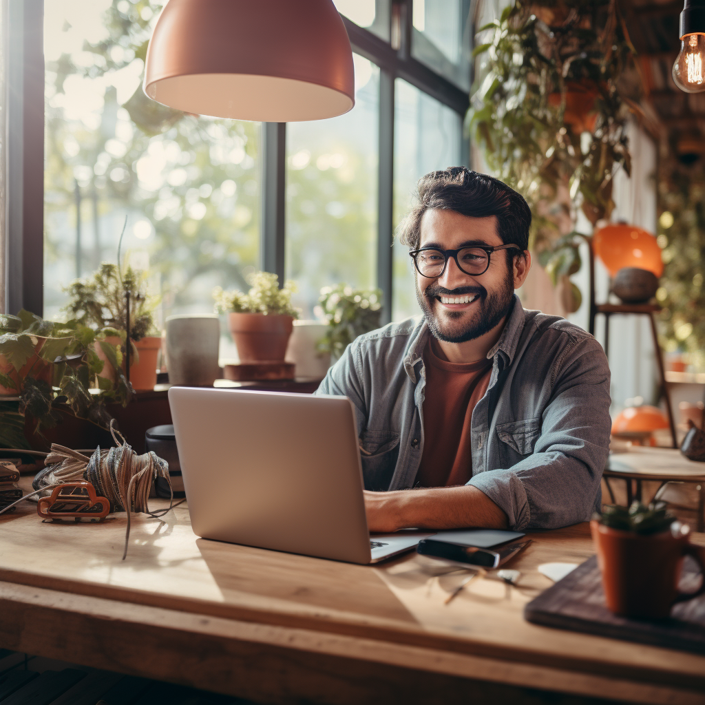 happy man behind computer solving customers problems