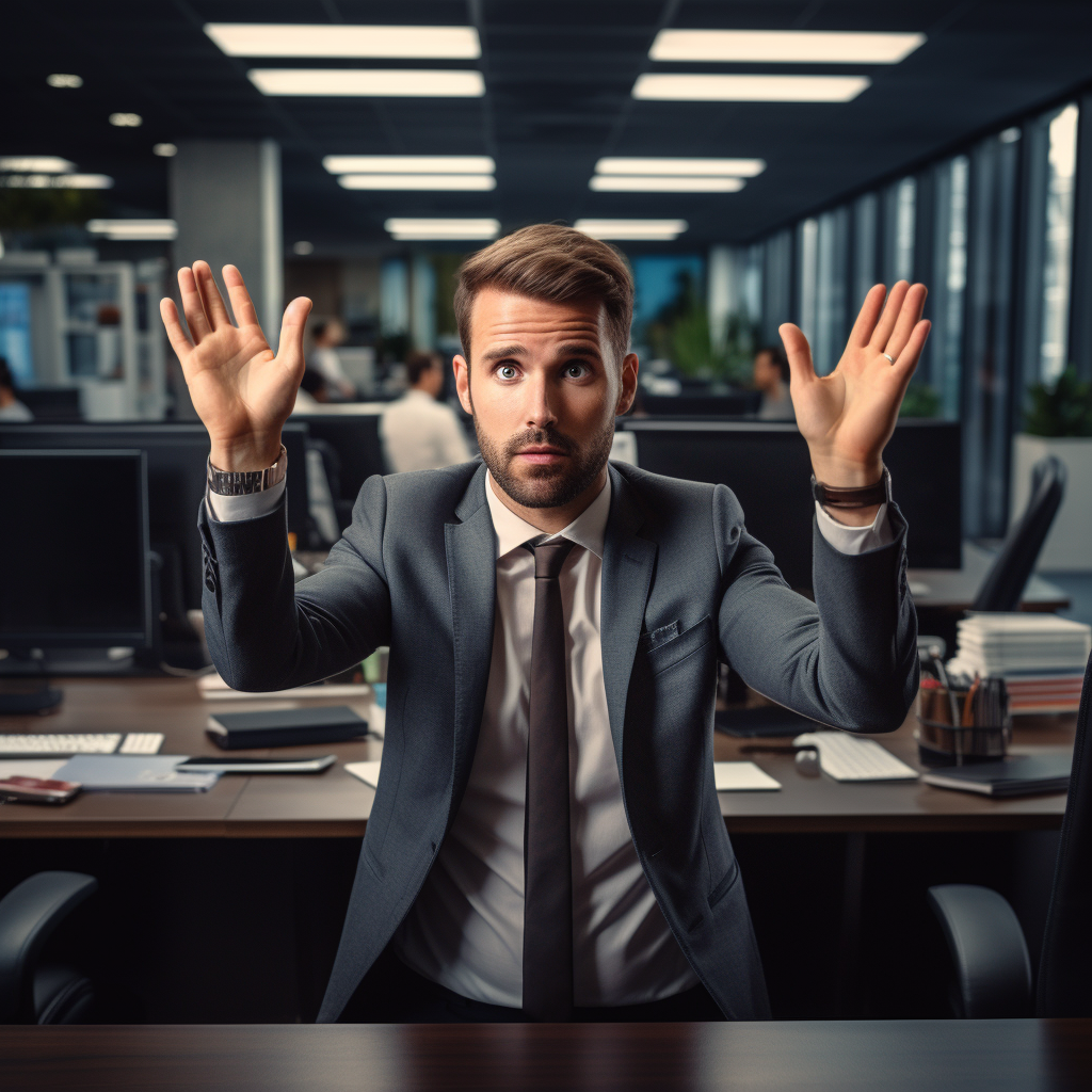 man with hands up giving up and losing leads