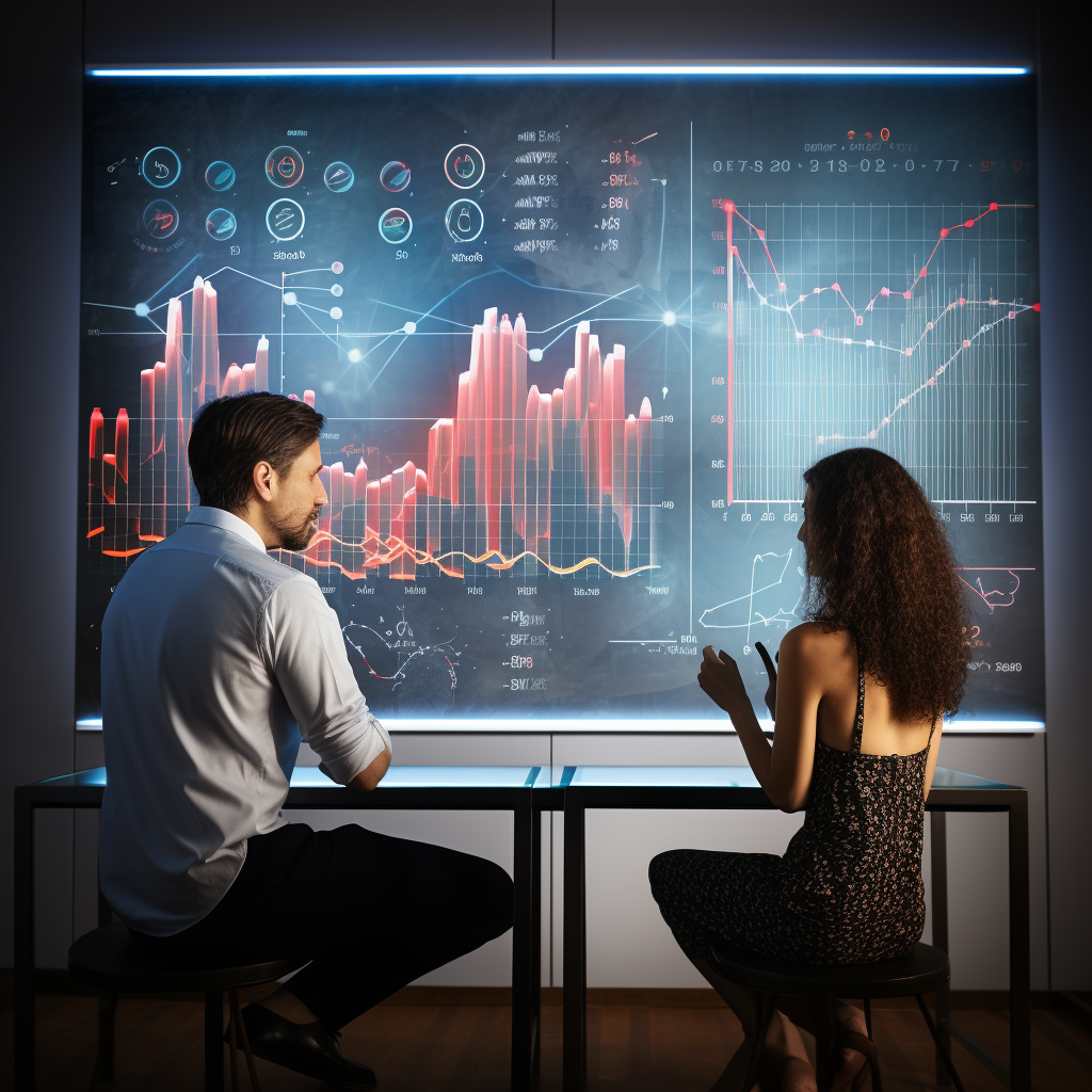 man and woman looking at a wall chart