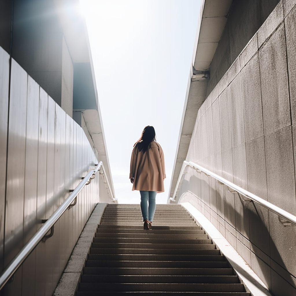 woman walking up stairs and looking powerful