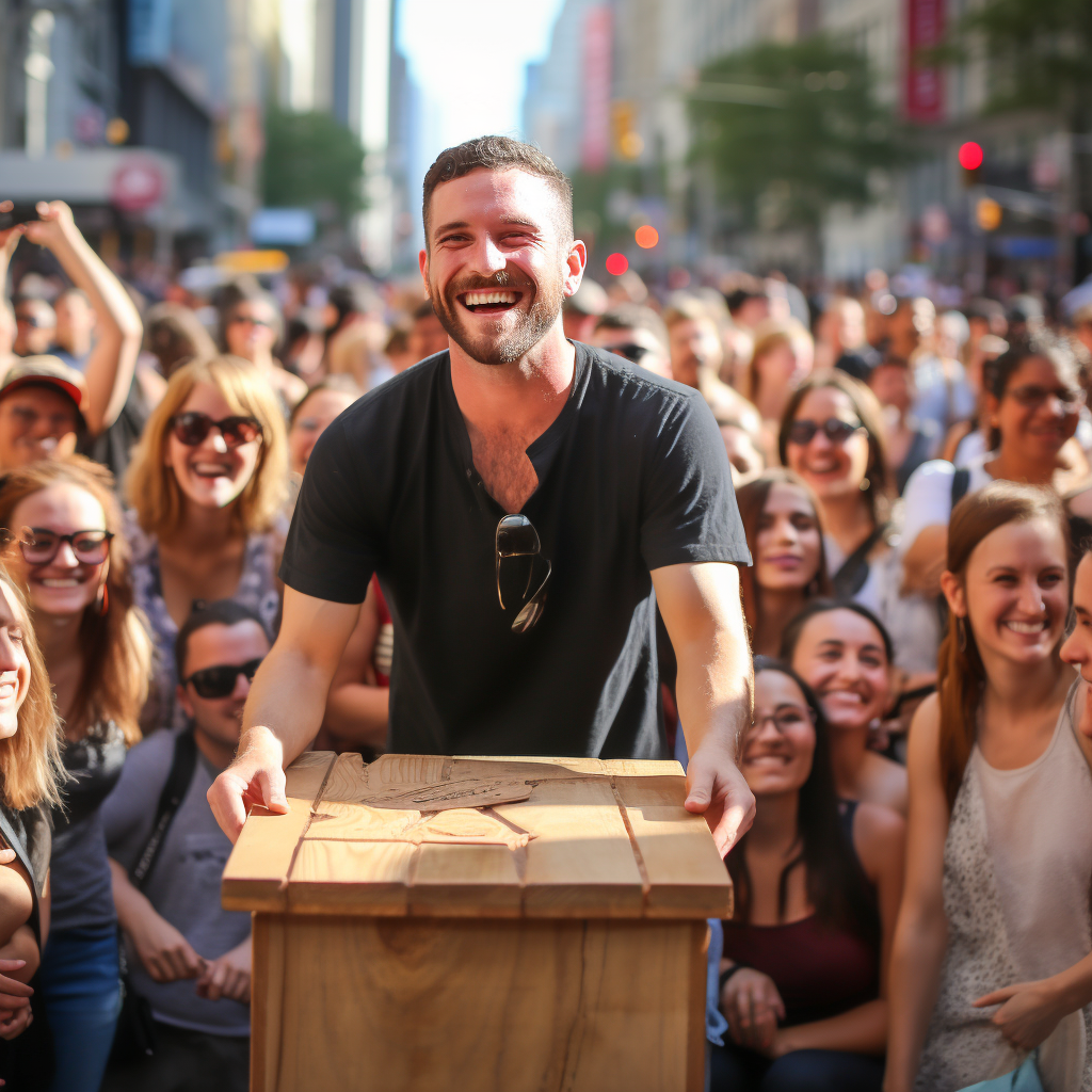 man self-promoting in front of other people