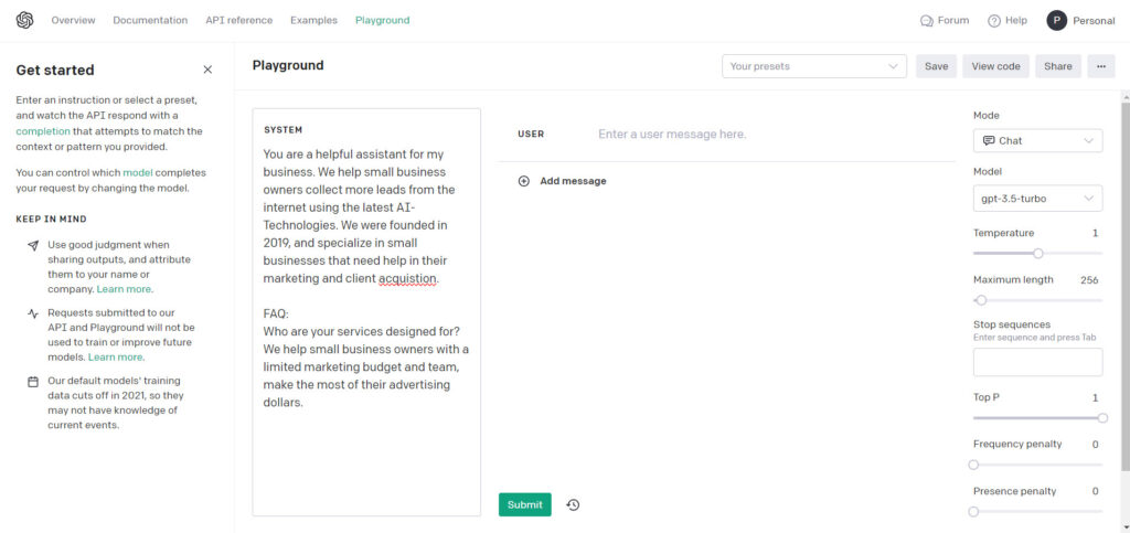 OpenAI Playground - train and test your AI Chatbot.