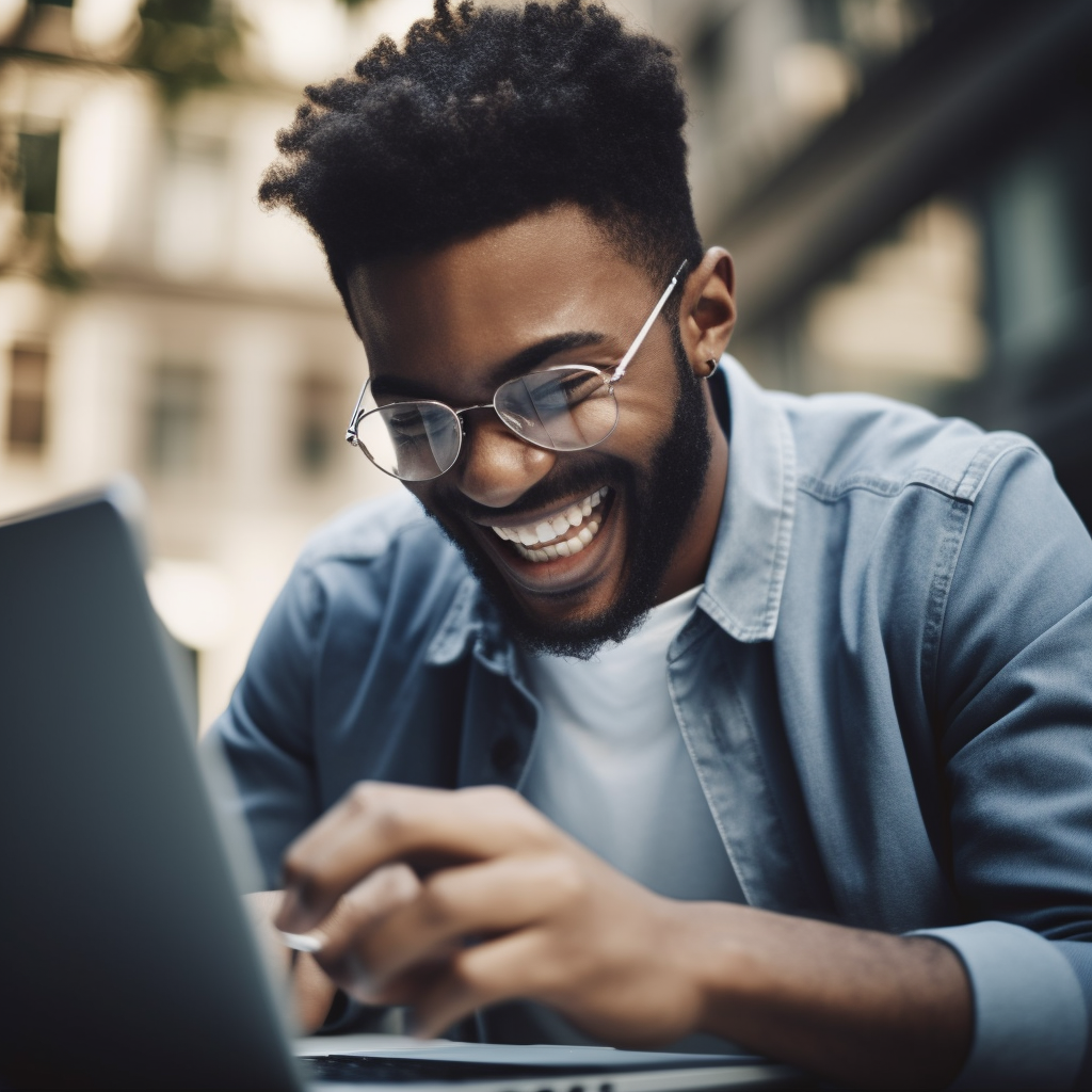 man happy on computer working on his lead generation