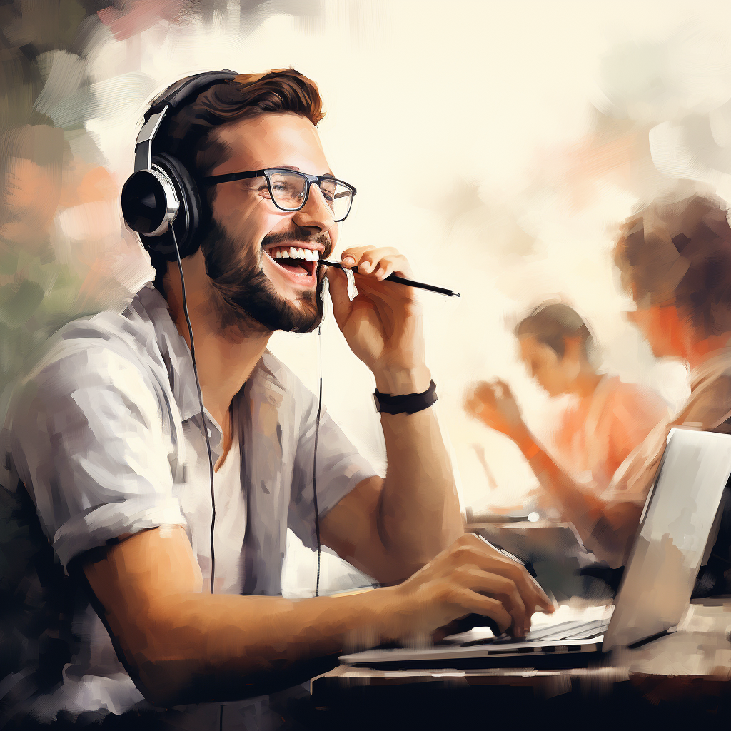 happy man putting on a webinar with headset