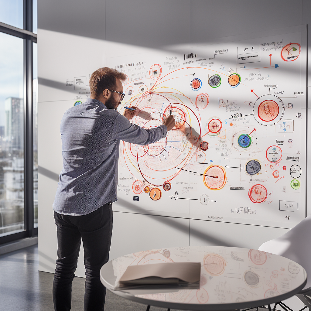 man figuring out outbound marketing strategy on a white board